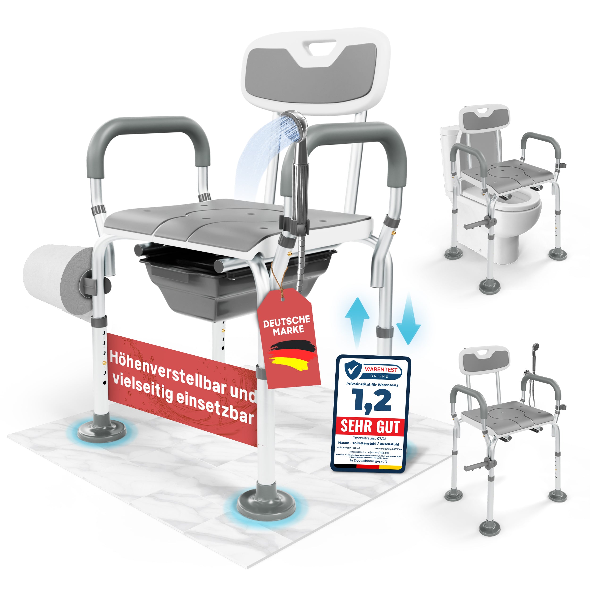 3-in-1 Toilettenstuhl mit Rückenlehne, Armlehnen und Toiletteneimer; als Toilettensitzerhöhung über dem WC oder als Duschstuhl nutzbar, mit Siegel „1,2 sehr gut