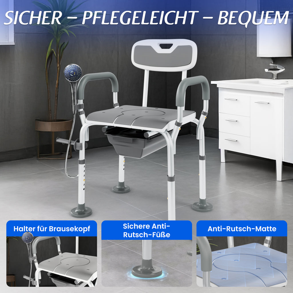 Toilettenstuhl als Duschstuhl im Bad: Halter für Brausekopf, rutschfeste Anti-Rutsch-Füße und Anti-Rutsch-Matte; pflegeleicht und stabil.