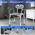 Toilettenstuhl als Duschstuhl im Bad: Halter für Brausekopf, rutschfeste Anti-Rutsch-Füße und Anti-Rutsch-Matte; pflegeleicht und stabil.