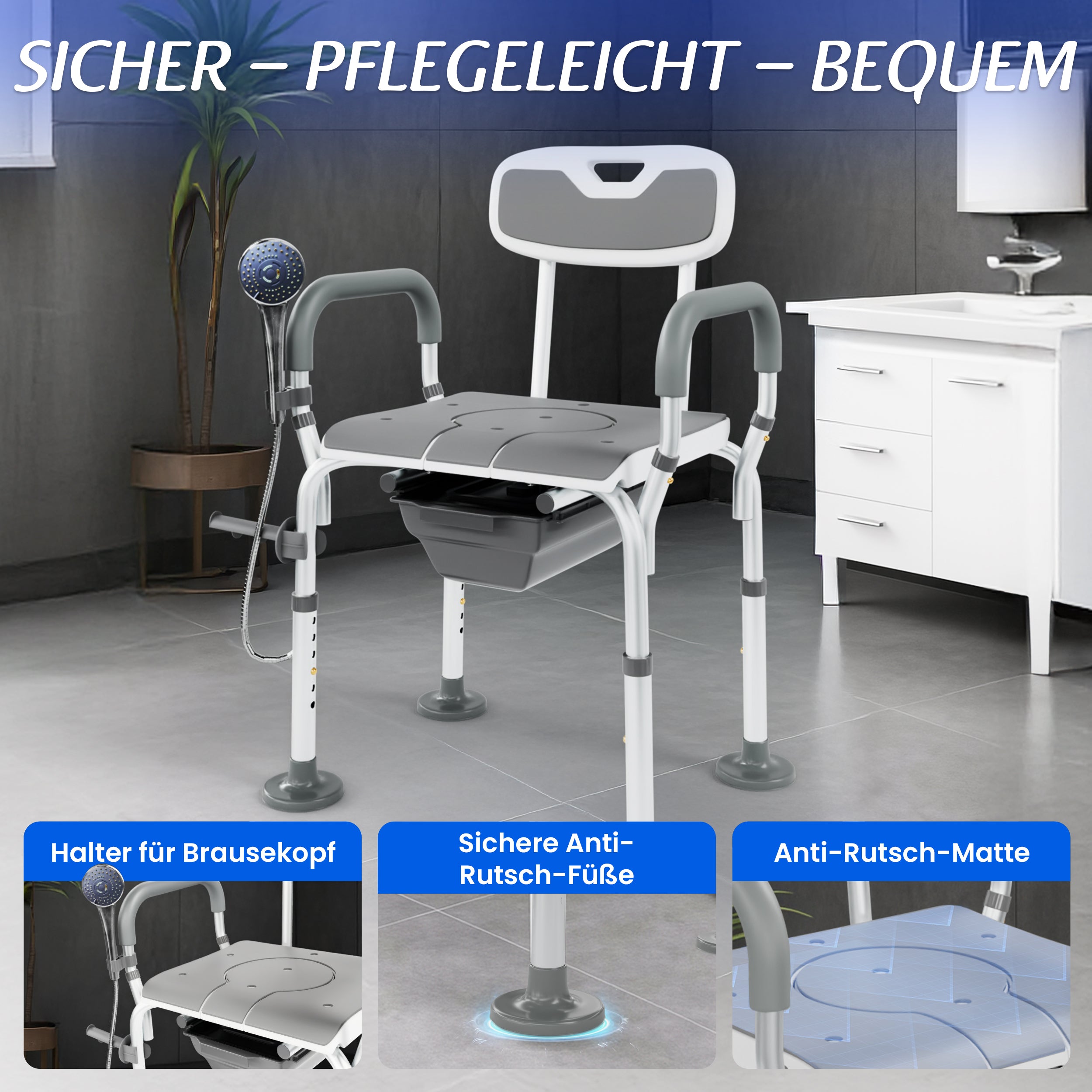 Toilettenstuhl als Duschstuhl im Bad: Halter für Brausekopf, rutschfeste Anti-Rutsch-Füße und Anti-Rutsch-Matte; pflegeleicht und stabil.