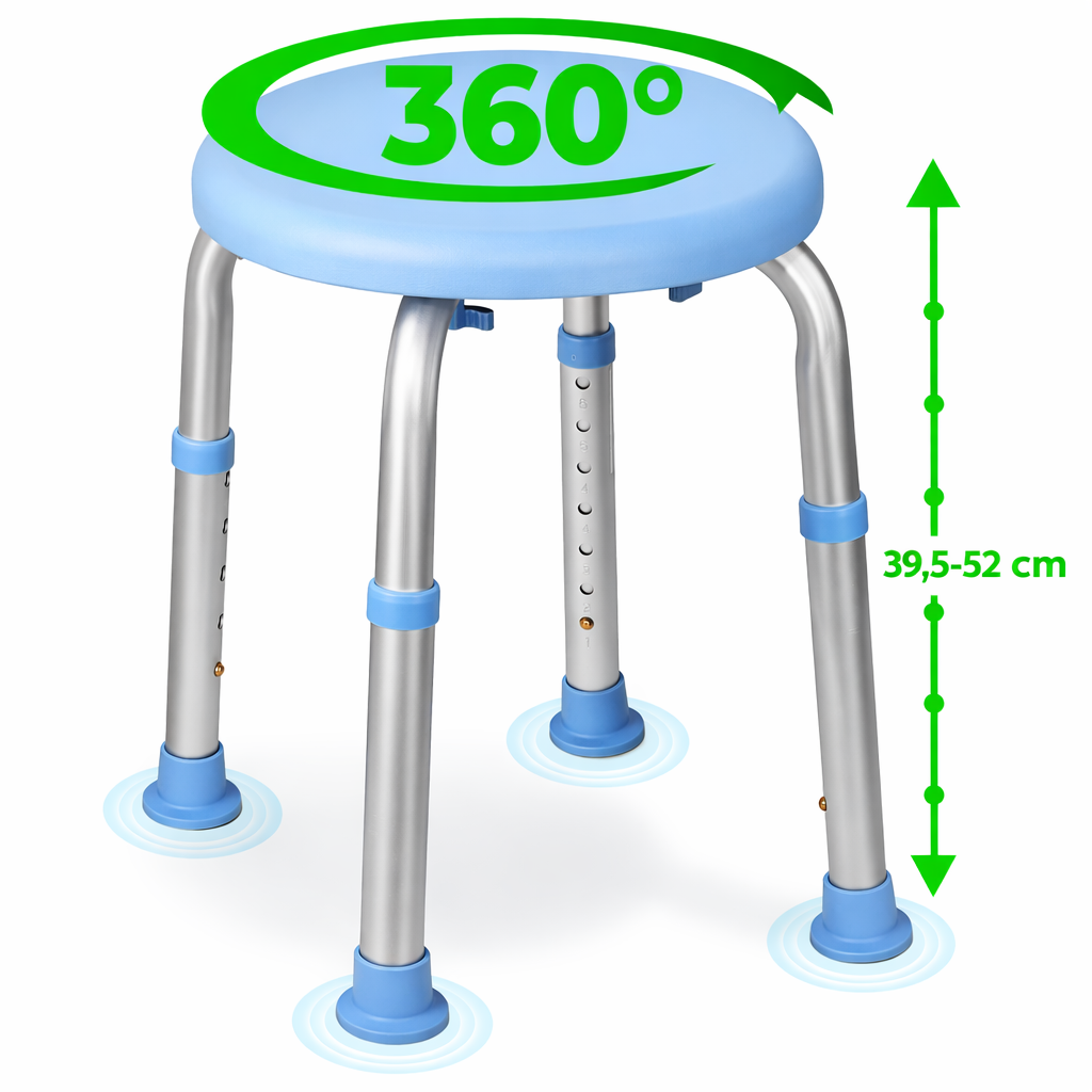 Duschhocker mit 360° Drehkomfort, für sicheres Sitzen & leichteres Drehen. 6-fach höhenverstellbar, bis 136 kg. Medizinprodukt Klasse I