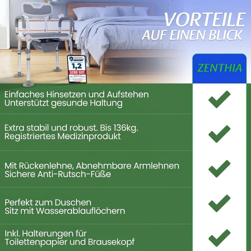 Toilettenstuhl & Duschstuhl. Höhenverstellbar, mit Rückenlehne. Bis 136 kg