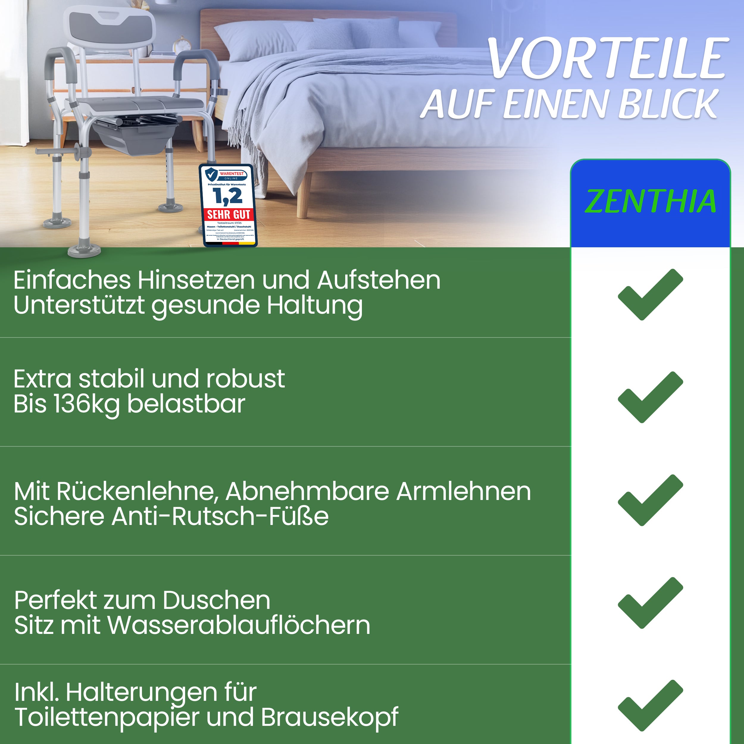 leichteres Hinsetzen und Aufstehen, bis 136 kg belastbar, Rückenlehne, abnehmbare Armlehnen, Ablauföffnungen im Sitz, Halter für Toilettenpapier und Brausekopf.