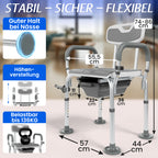 Toilettenstuhl: 6fach höhenverstellbar, Breite 55,5 cm, Höhe 74–86 cm, Standfläche 57×44 cm; rutschfester Stand, belastbar bis 136 kg.