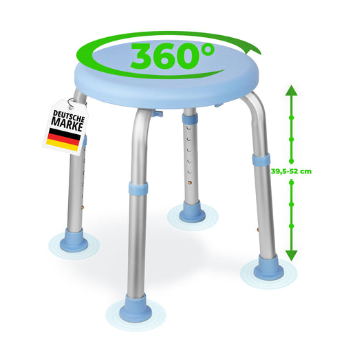 runder Duschhocker mit blauem 360-Grad Drehsitz, vier Aluminiumbeinen und rutschfesten Gummifüßen.