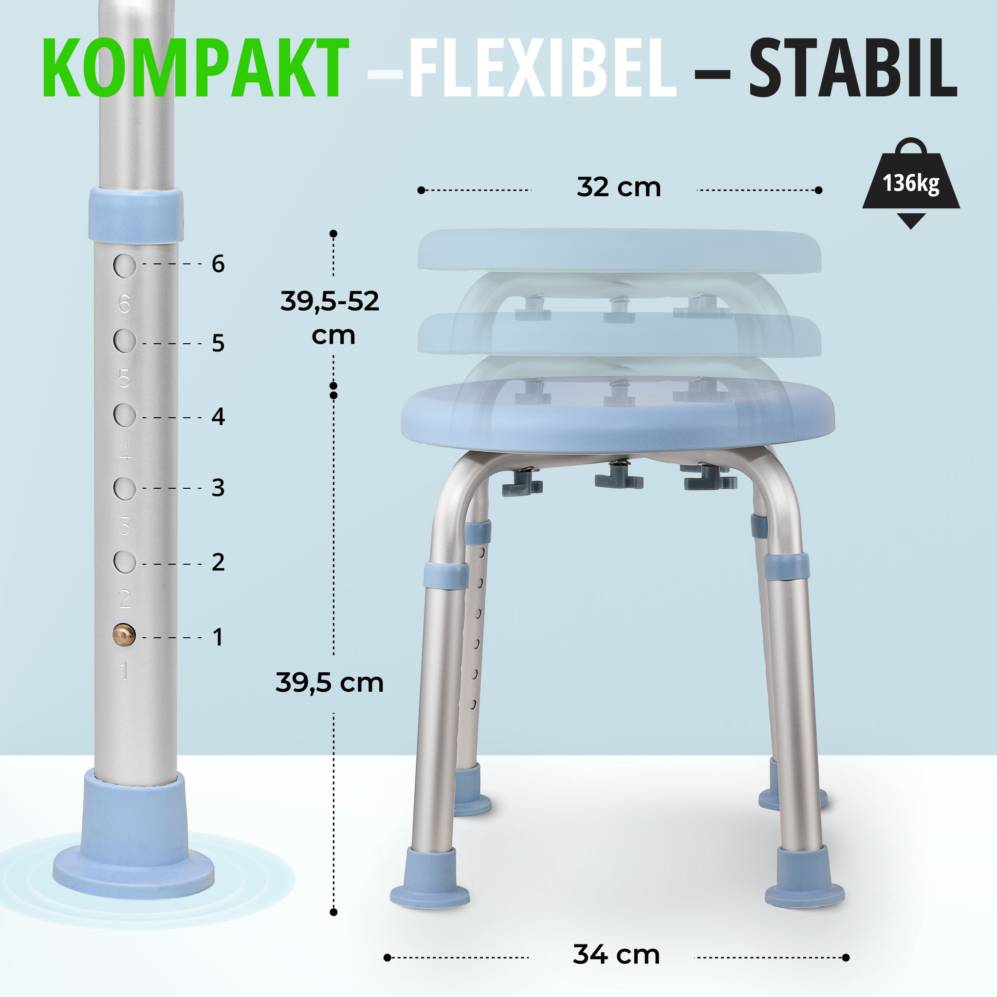 Sitzdurchmesser 32 cm, Standbreite 34 cm, Sitzhöhe 39,5-52 cm, höhenverstellbar in 6 Stufen, bis 136 kg belastbar.
