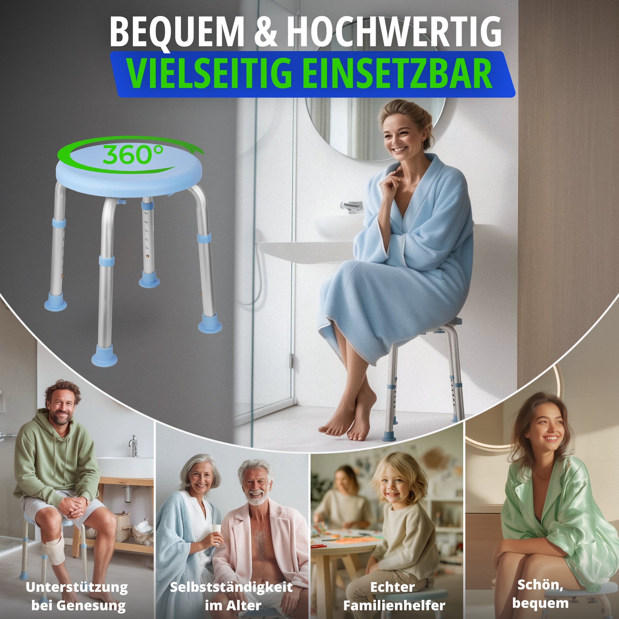 360 Grad drehbarer Duschhocker - Einsatz für Reha, Senioren und Familie; bequemes Sitzen beim Waschen und Pflegen.