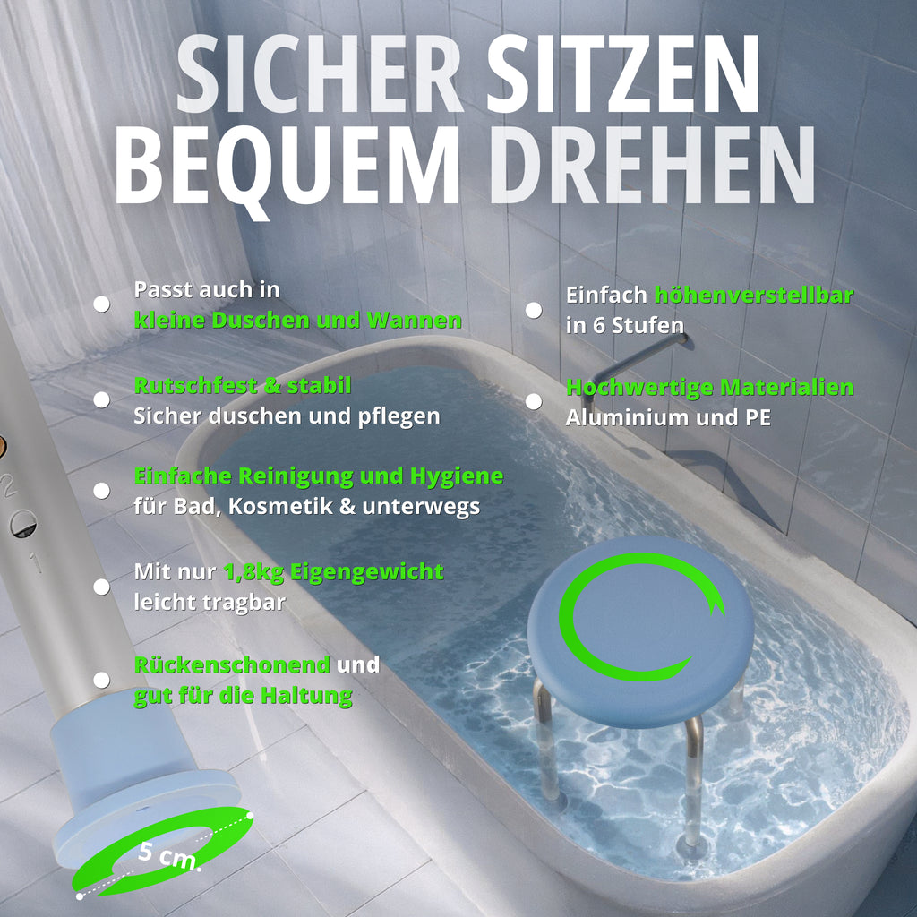 360 Grad drehbarer Duschhocker für Dusche und Wanne: rutschfest, stabil, 6-fach höhenverstellbar; Aluminium/PE, leicht (1,8 kg).