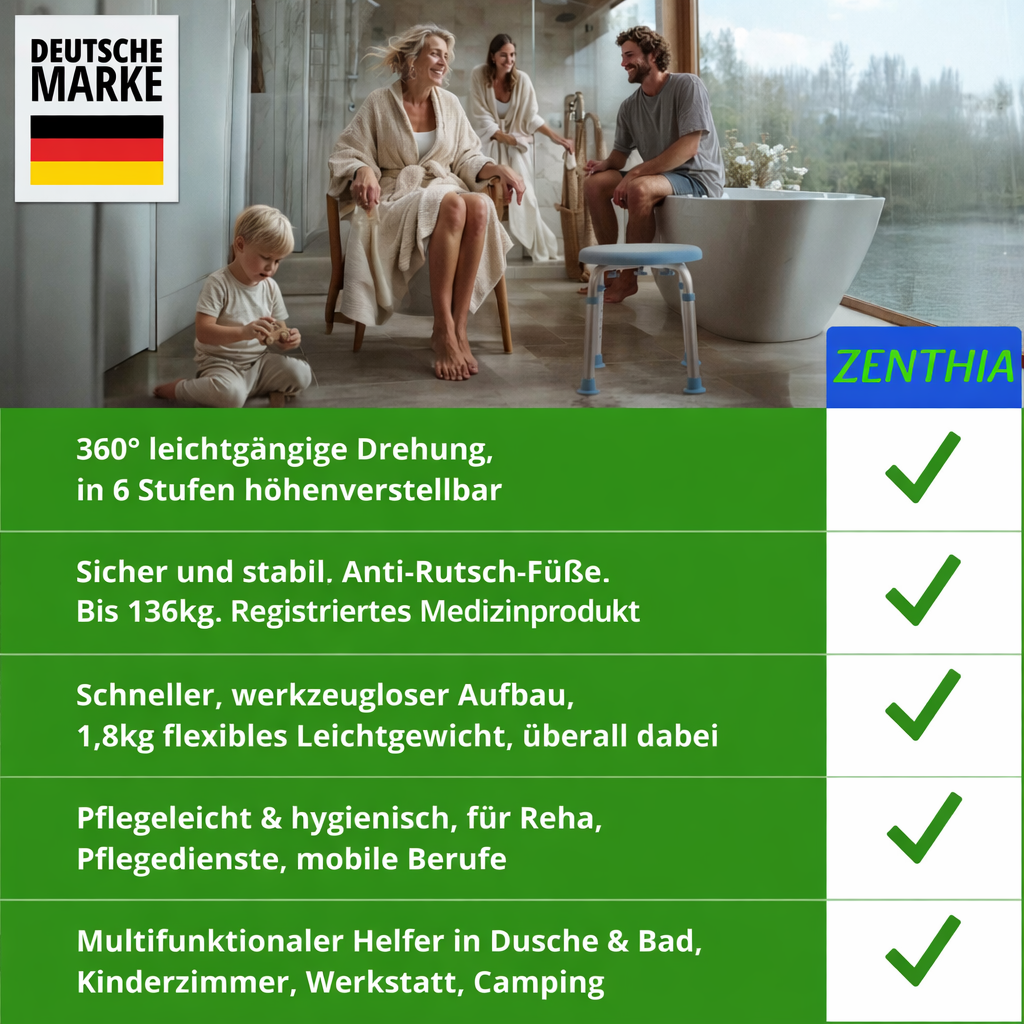 Duschhocker mit 360° Drehkomfort, für sicheres Sitzen & leichteres Drehen. 6-fach höhenverstellbar, bis 136 kg. Medizinprodukt Klasse I