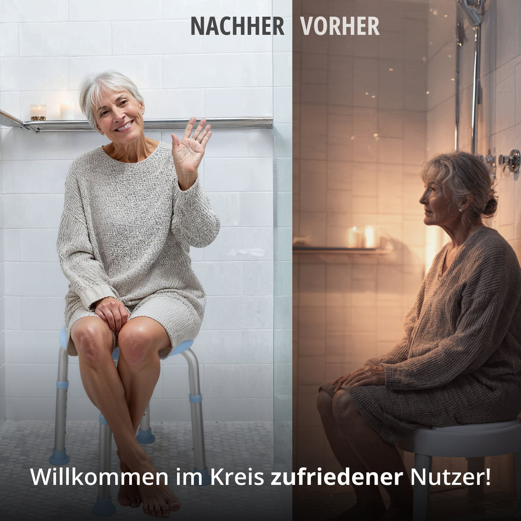Duschen ohne geeigneten Sitz, links entspannt auf dem drehbaren Duschhocke